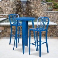Flash Furniture CH-51080BH-2-30VRT-BL-GG 24" Round Metal Bar Table Set with 2 Vertical Slat Back Barstools in Blue